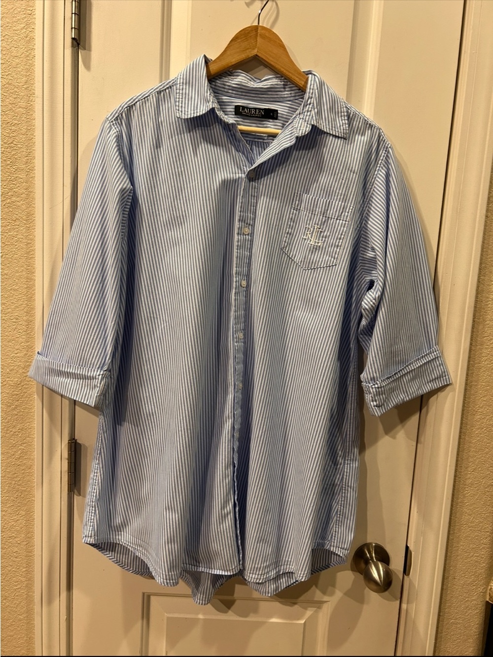 Lauren Ralph Lauren Button Up Sleep Shirt Blue White Striped Cotton Size XL - Picture 10 of 10